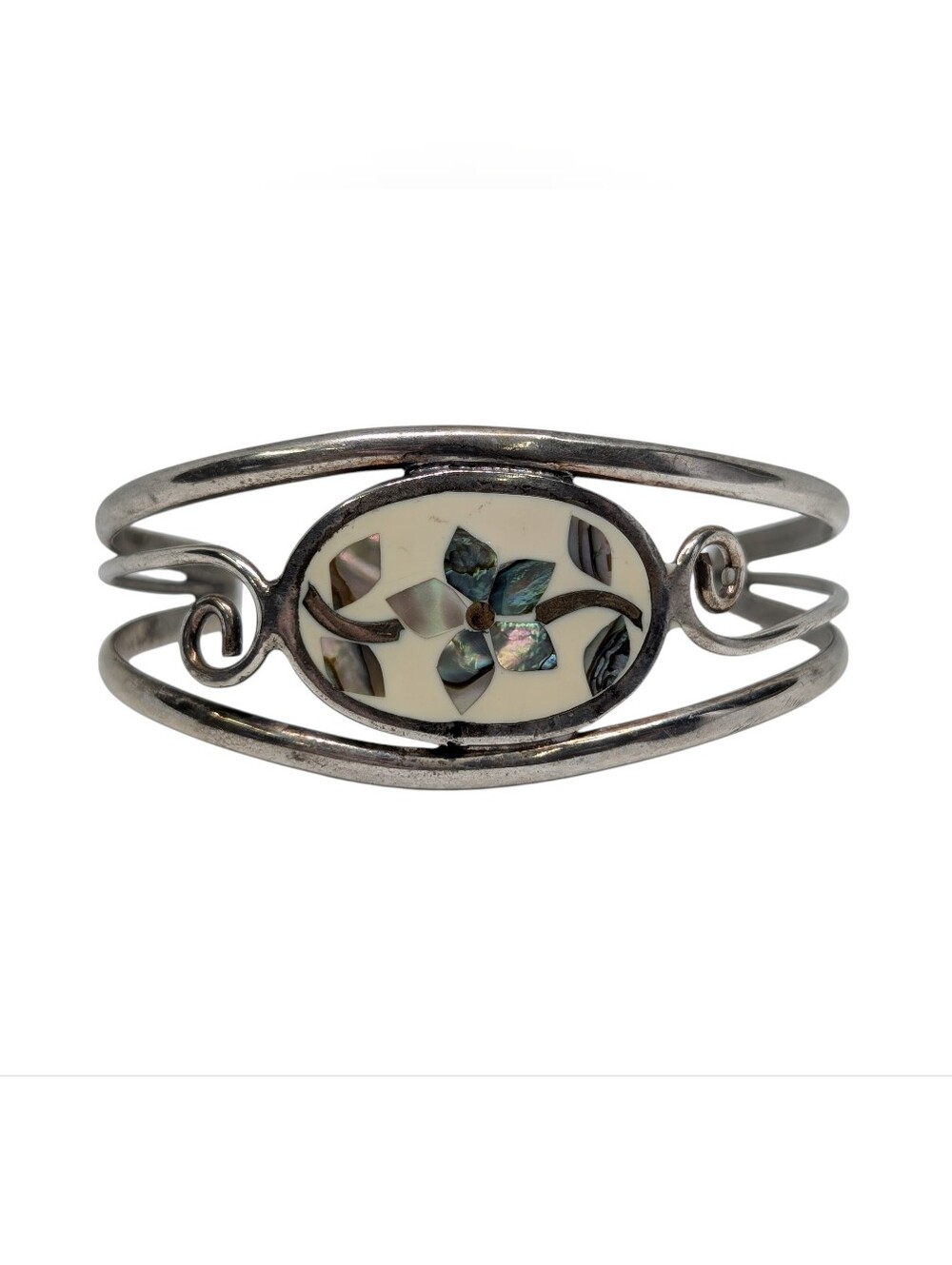 Vintage Alpaca Mexico Abalone and Mother of Pearl Flower Cuff Bracelet